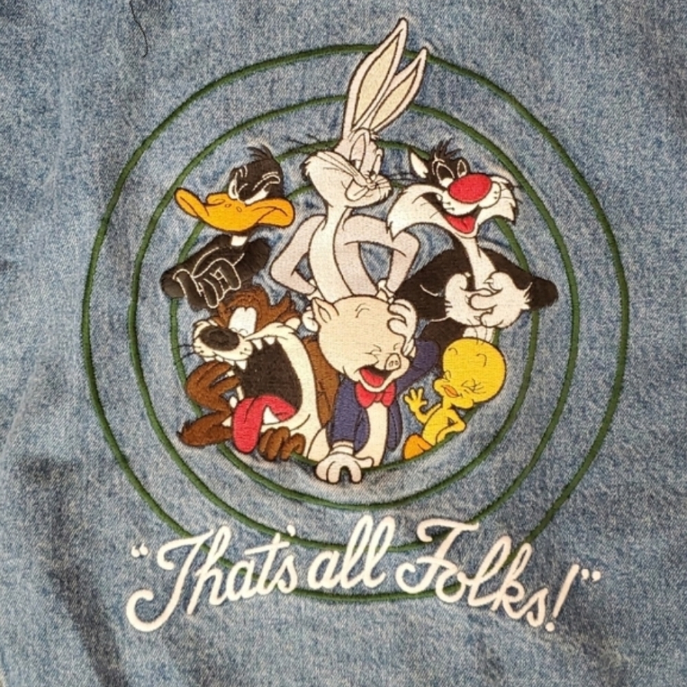 Men's XL Looney Tunes Mock Vest/Hooded Sweatshirt Denim Jack